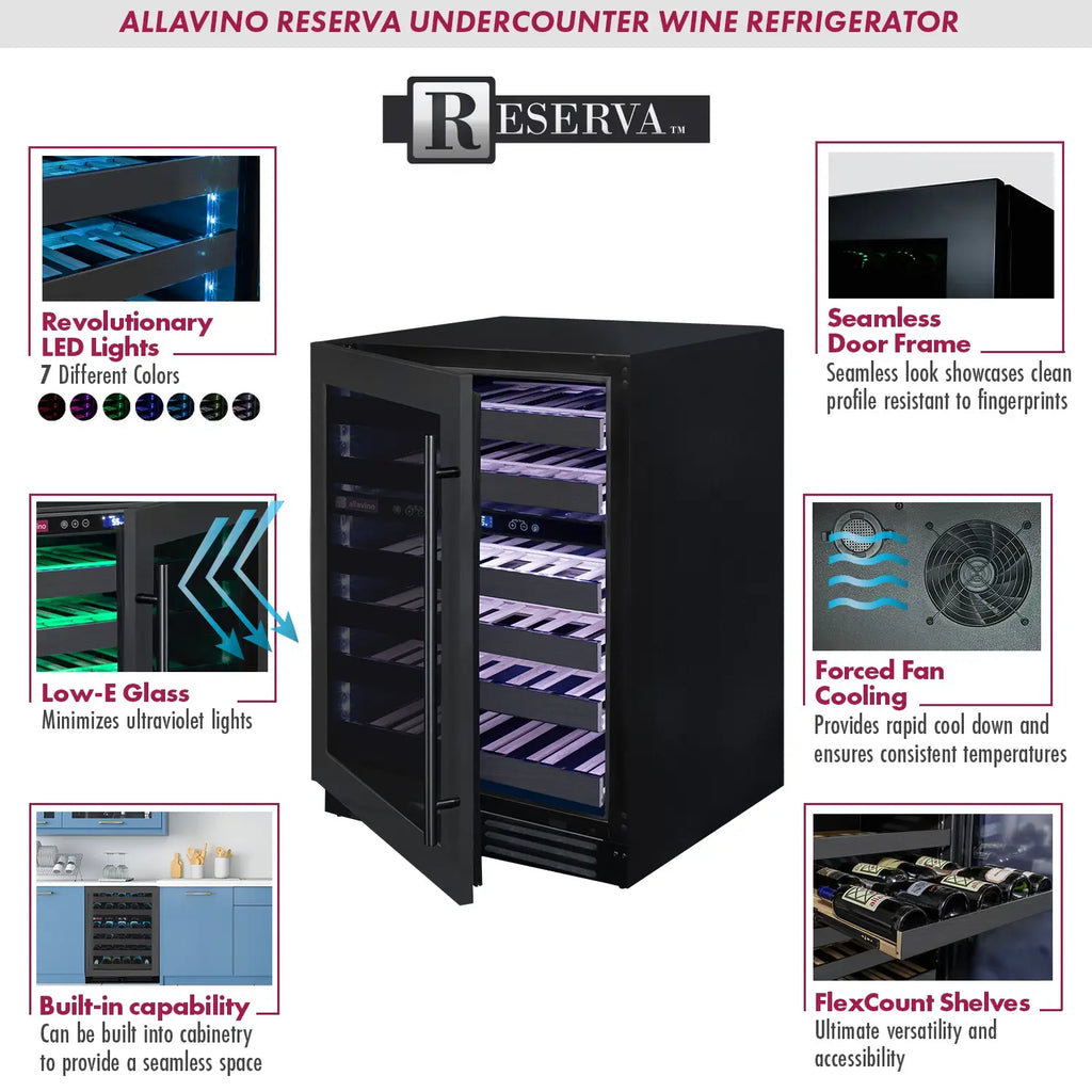 Allavino Reserva Series 50 Bottle Dual Zone Built-in Wine Cooler Refrigerator with Black Stainless Steel Door - Left Hinge