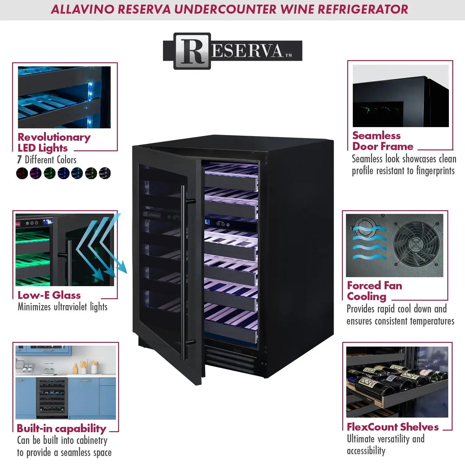 Allavino Reserva Series 100 Bottle Undercounter Four Zone Side-by-Side Wine Coolers with Black Stainless Steel Doors