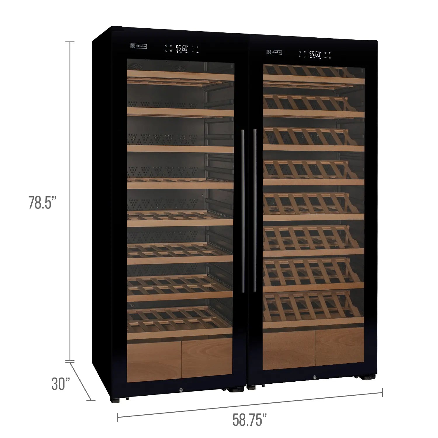 Allavino 496 Bottle Dual Zone Freestanding Wine Refrigerator with Display Shelving and Black Glass Door - Side-by-Side
