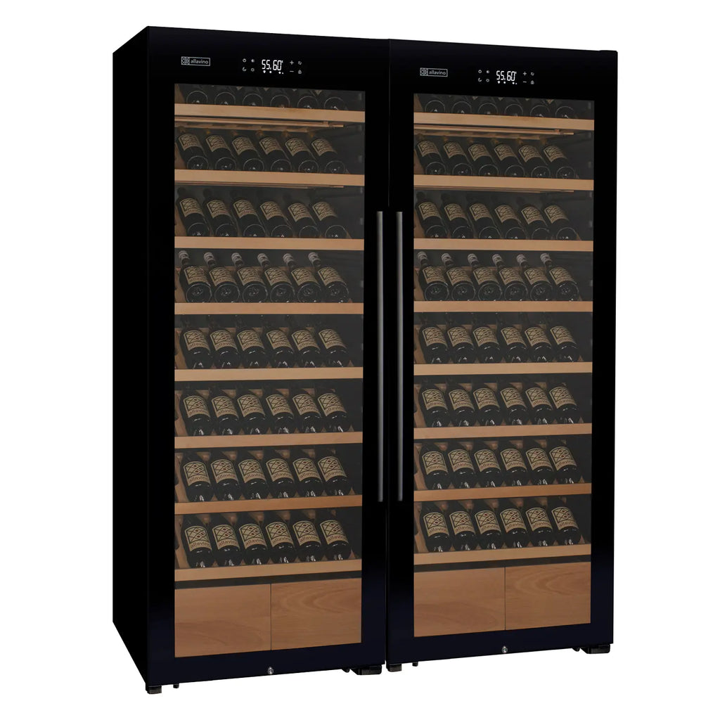 Allavino 496 Bottle Dual Zone Freestanding Wine Refrigerator with Display Shelving and Black Glass Door - Side-by-Side