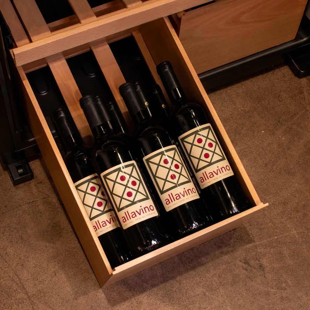 Allavino 496 Bottle Dual Zone Freestanding Wine Refrigerator with Display Shelving and Black Glass Door - Side-by-Side