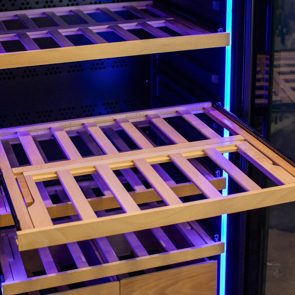 Allavino 496 Bottle Dual Zone Freestanding Wine Refrigerator with Display Shelving and Black Glass Door - Side-by-Side