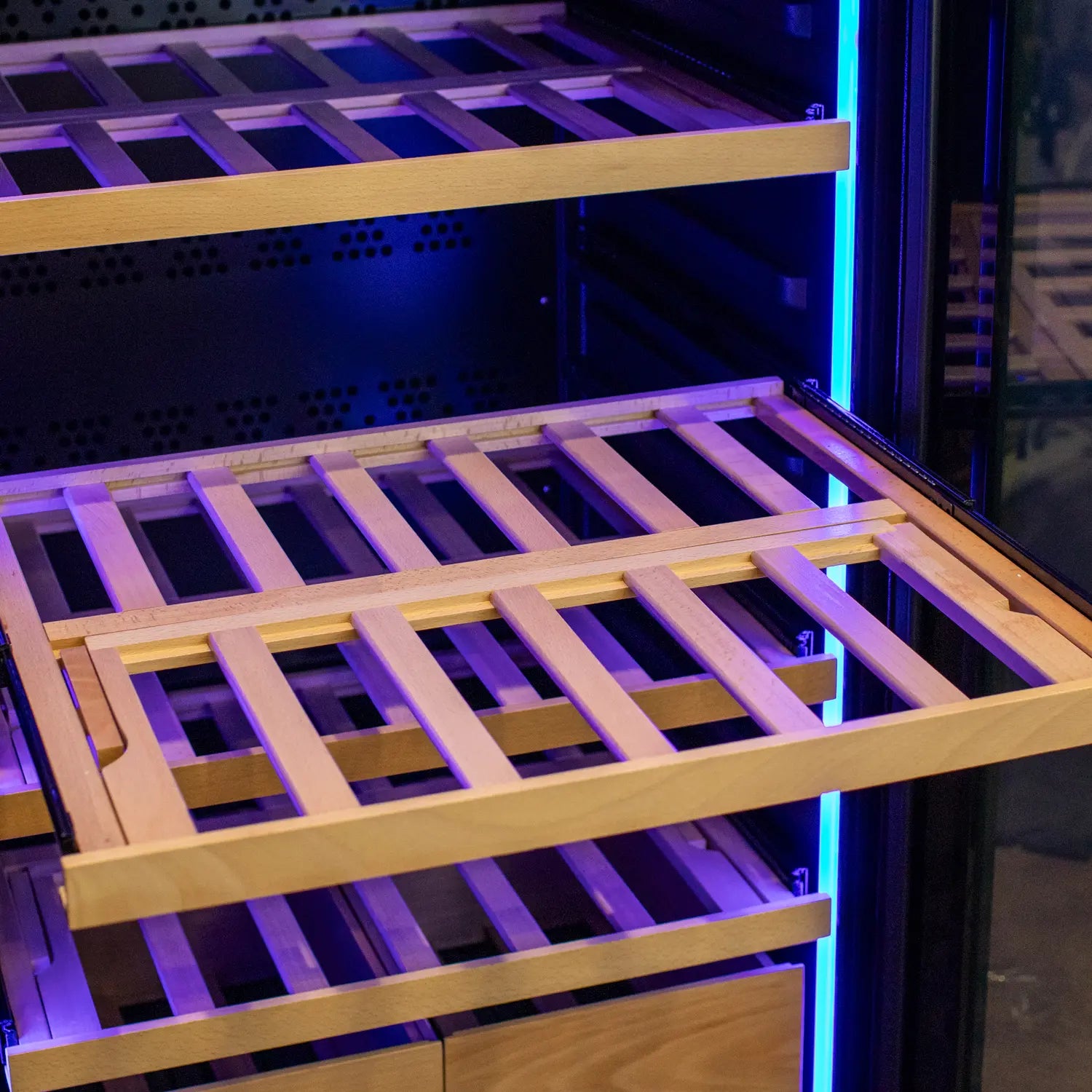 Allavino 496 Bottle Dual Zone Freestanding Wine Refrigerator with Display Shelving and Black Glass Door - Side-by-Side