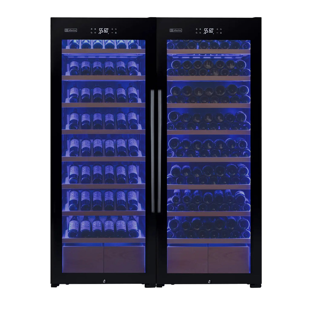 Allavino 496 Bottle Dual Zone Freestanding Wine Refrigerator with Display Shelving and Black Glass Door - Side-by-Side