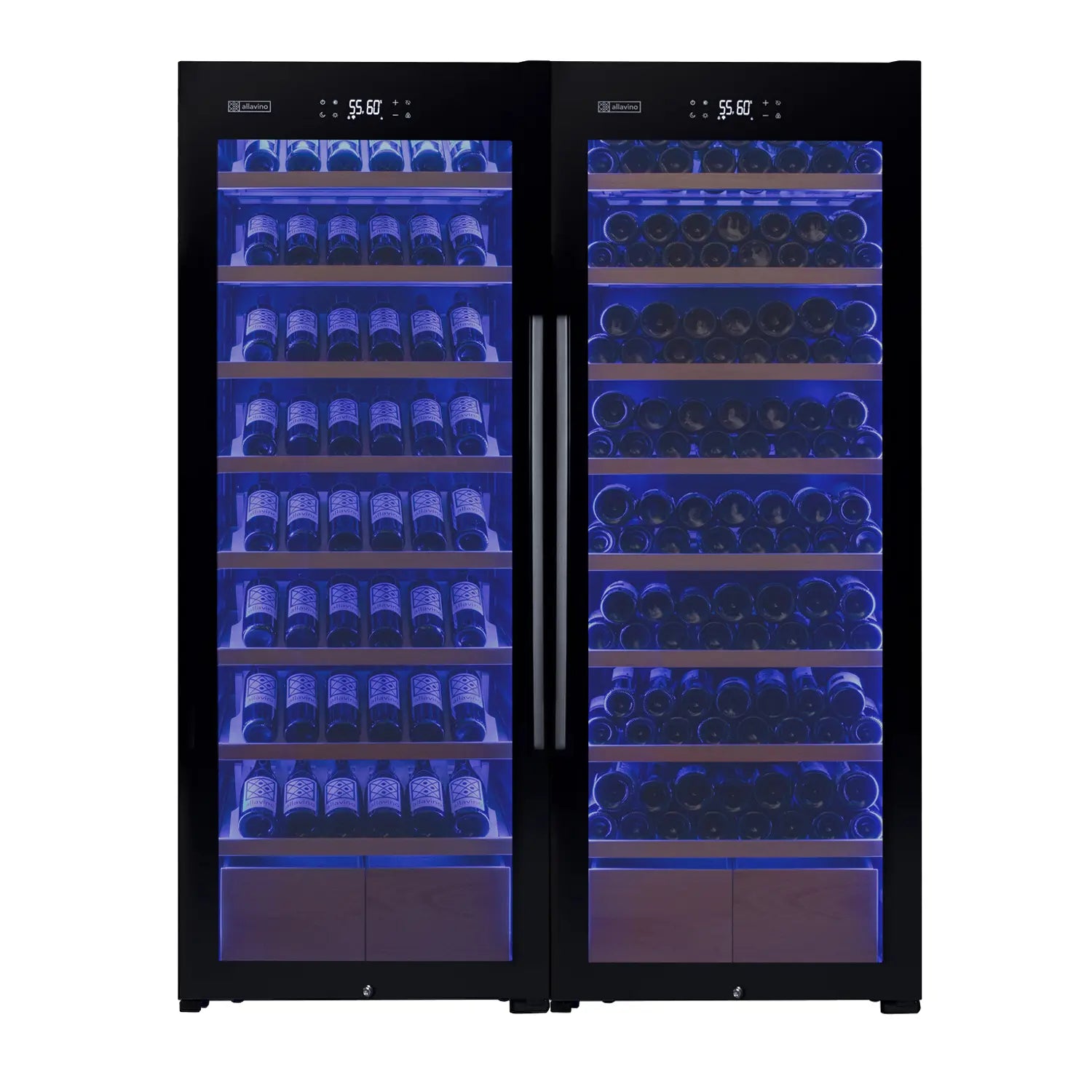 Allavino 496 Bottle Dual Zone Freestanding Wine Refrigerator with Display Shelving and Black Glass Door - Side-by-Side