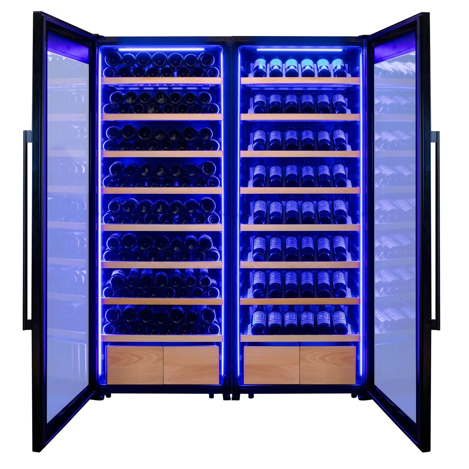 Allavino 496 Bottle Dual Zone Freestanding Wine Refrigerator with Display Shelving and Black Glass Door - Side-by-Side