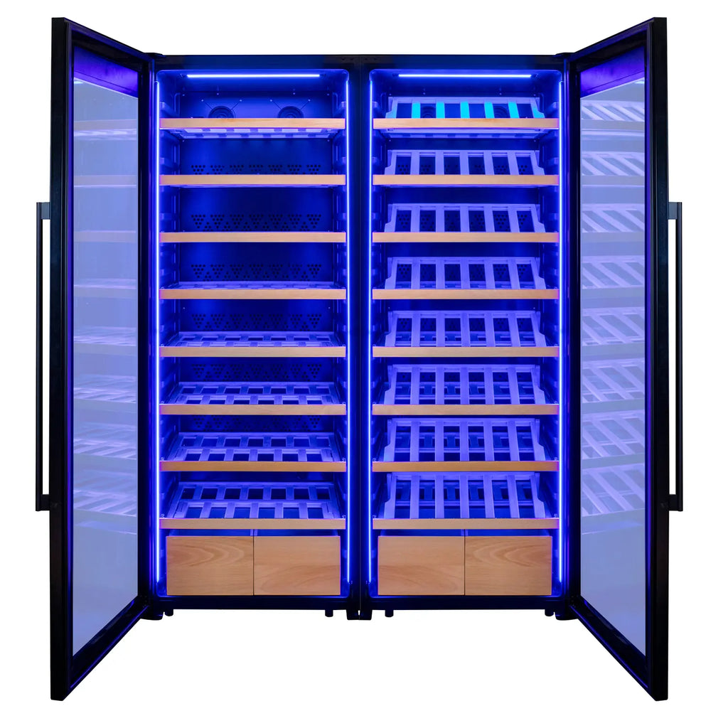Allavino 496 Bottle Dual Zone Freestanding Wine Refrigerator with Display Shelving and Black Glass Door - Side-by-Side