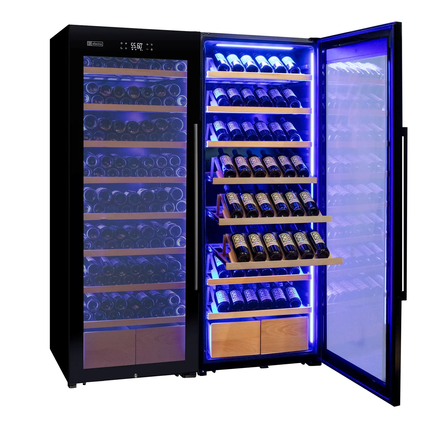 Allavino 496 Bottle Dual Zone Freestanding Wine Refrigerator with Display Shelving and Black Glass Door - Side-by-Side