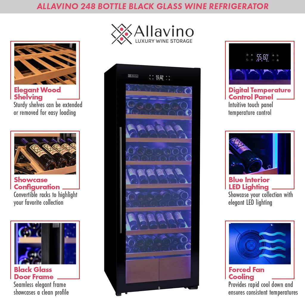 Allavino 496 Bottle Dual Zone Freestanding Wine Refrigerator with Display Shelving and Black Glass Door - Side-by-Side