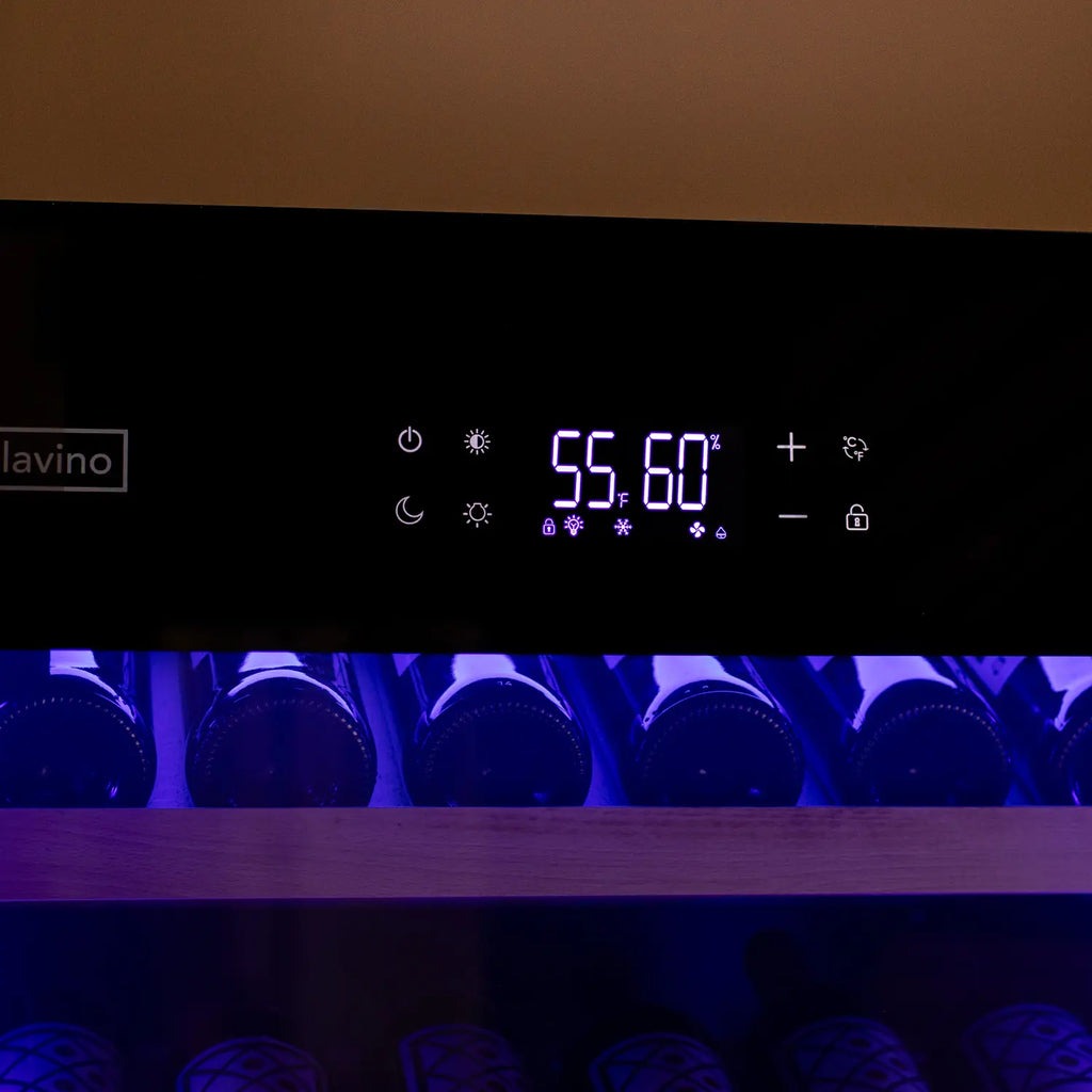 Allavino 496 Bottle Dual Zone Freestanding Wine Refrigerator with Display Shelving and Black Glass Door - Side-by-Side