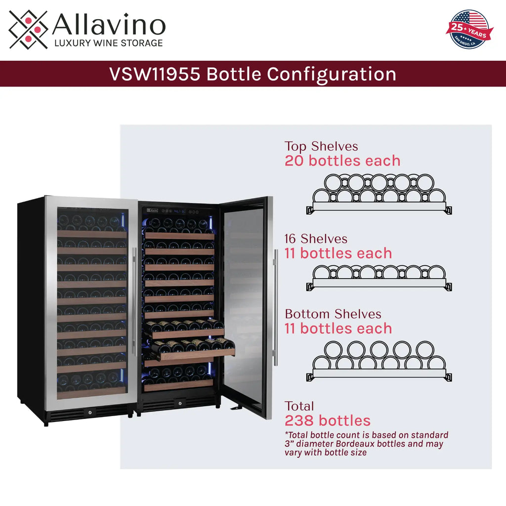 Allavino 238 Bottle 55" Tall Dual Zone Side-by-Side Stainless Steel Wine Refrigerator
