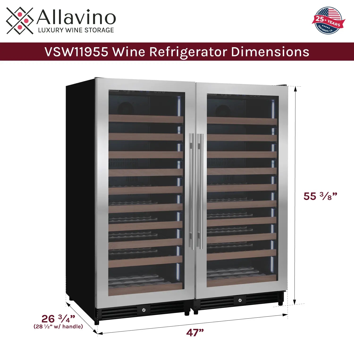 Allavino 238 Bottle 55" Tall Dual Zone Side-by-Side Stainless Steel Wine Refrigerator