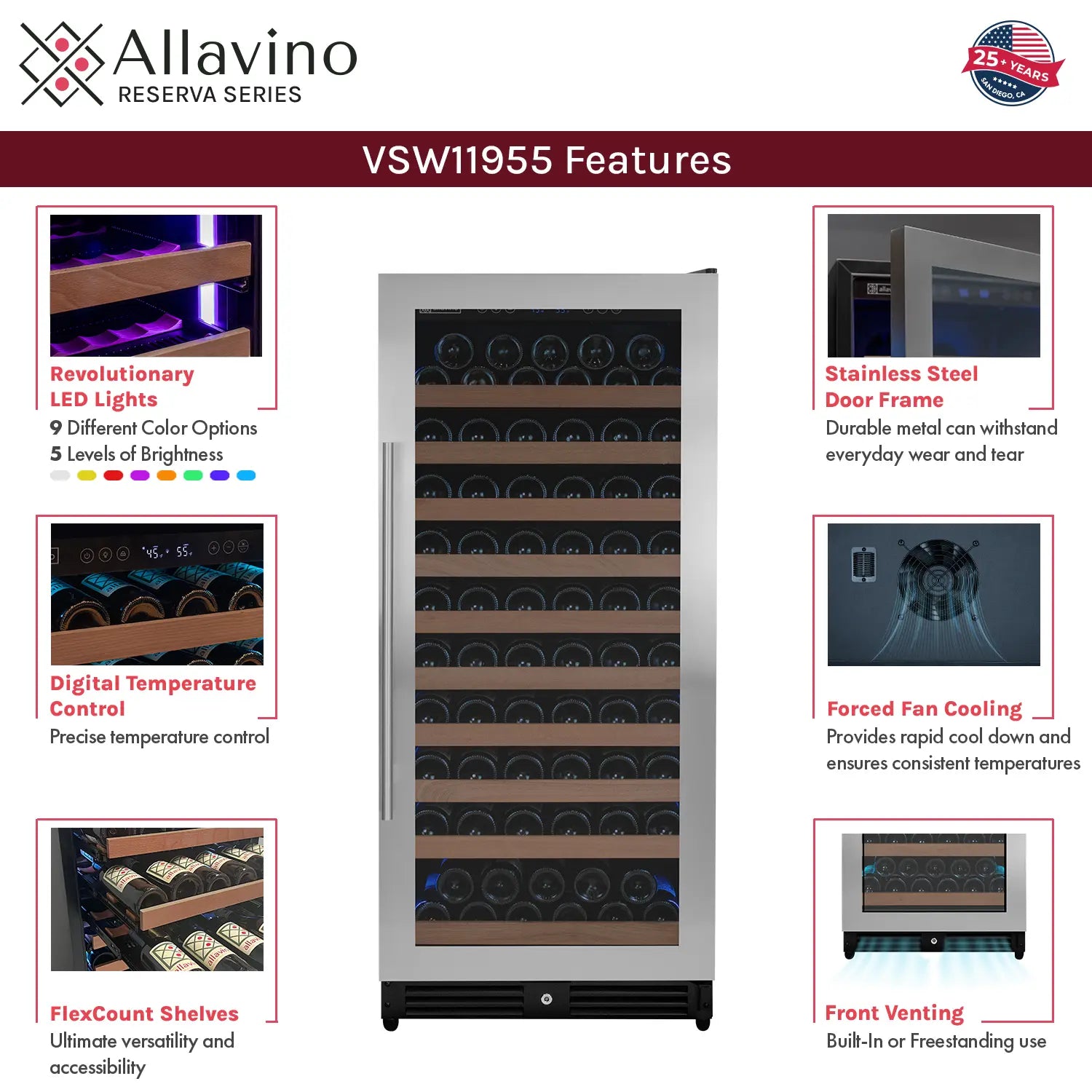 Allavino 238 Bottle 55" Tall Dual Zone Side-by-Side Stainless Steel Wine Refrigerator
