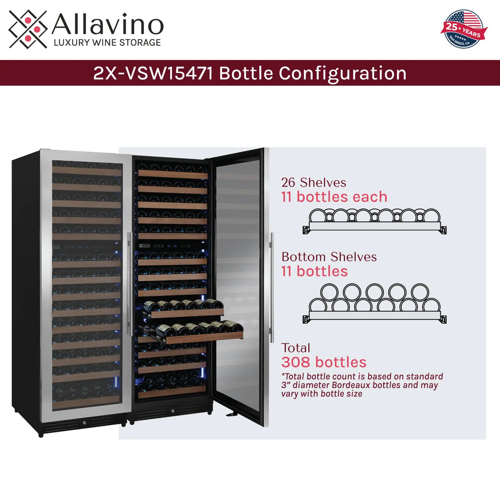 Allavino Reserva Series 308 Bottle 71" Tall Four Zone Stainless Steel Side-by-Side Wine Refrigerator