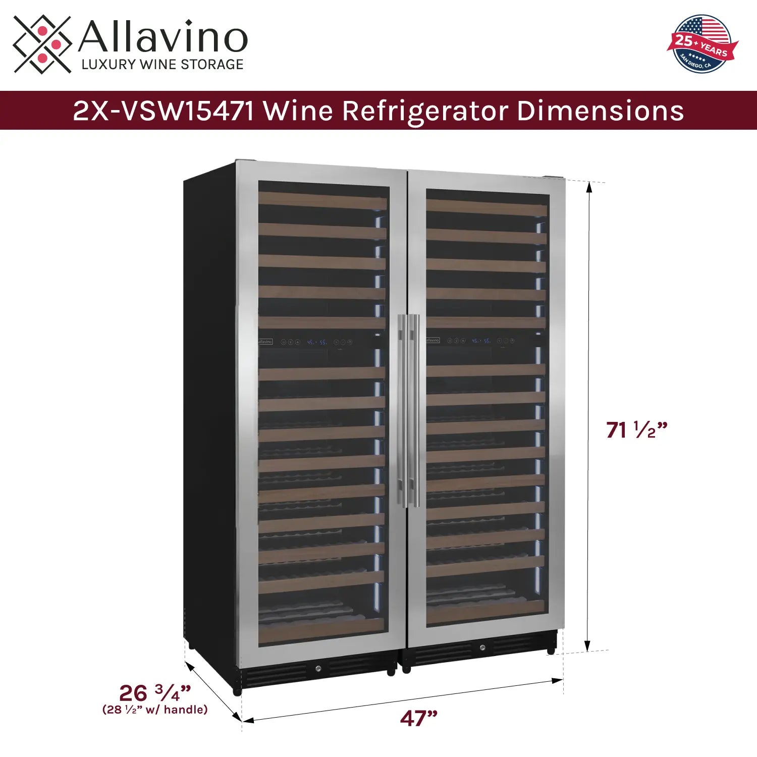 Allavino Reserva Series 308 Bottle 71" Tall Four Zone Stainless Steel Side-by-Side Wine Refrigerator
