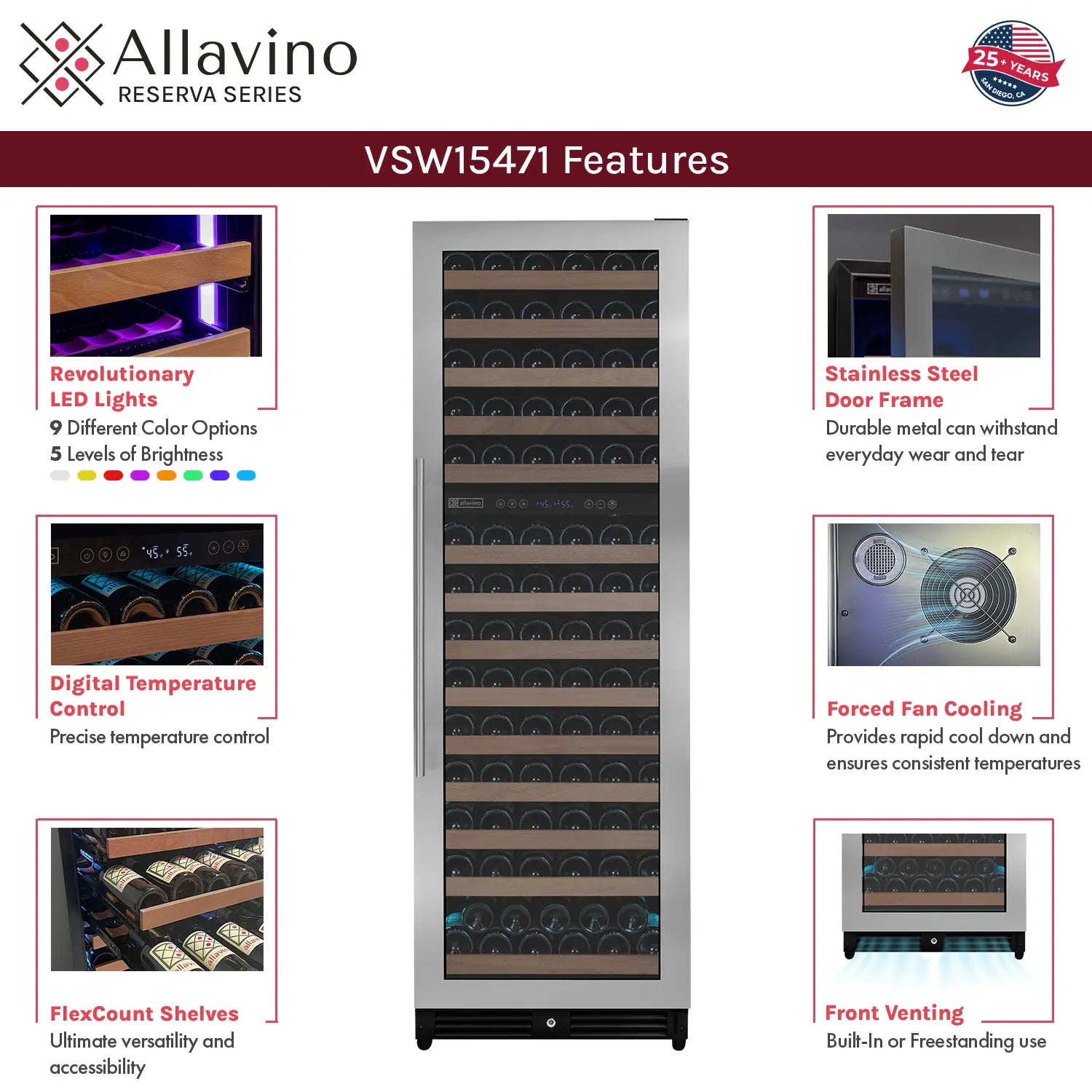 Allavino Reserva Series 308 Bottle 71" Tall Four Zone Stainless Steel Side-by-Side Wine Refrigerator