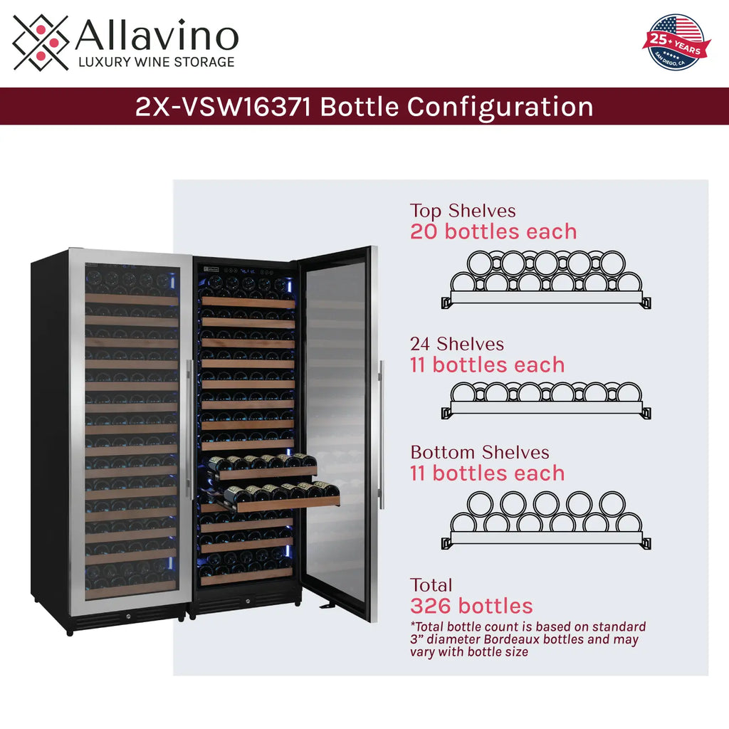 Allavino Reserva Series 326 Bottle 71" Tall Dual Zone Stainless Steel Side-by-Side Wine Refrigerator