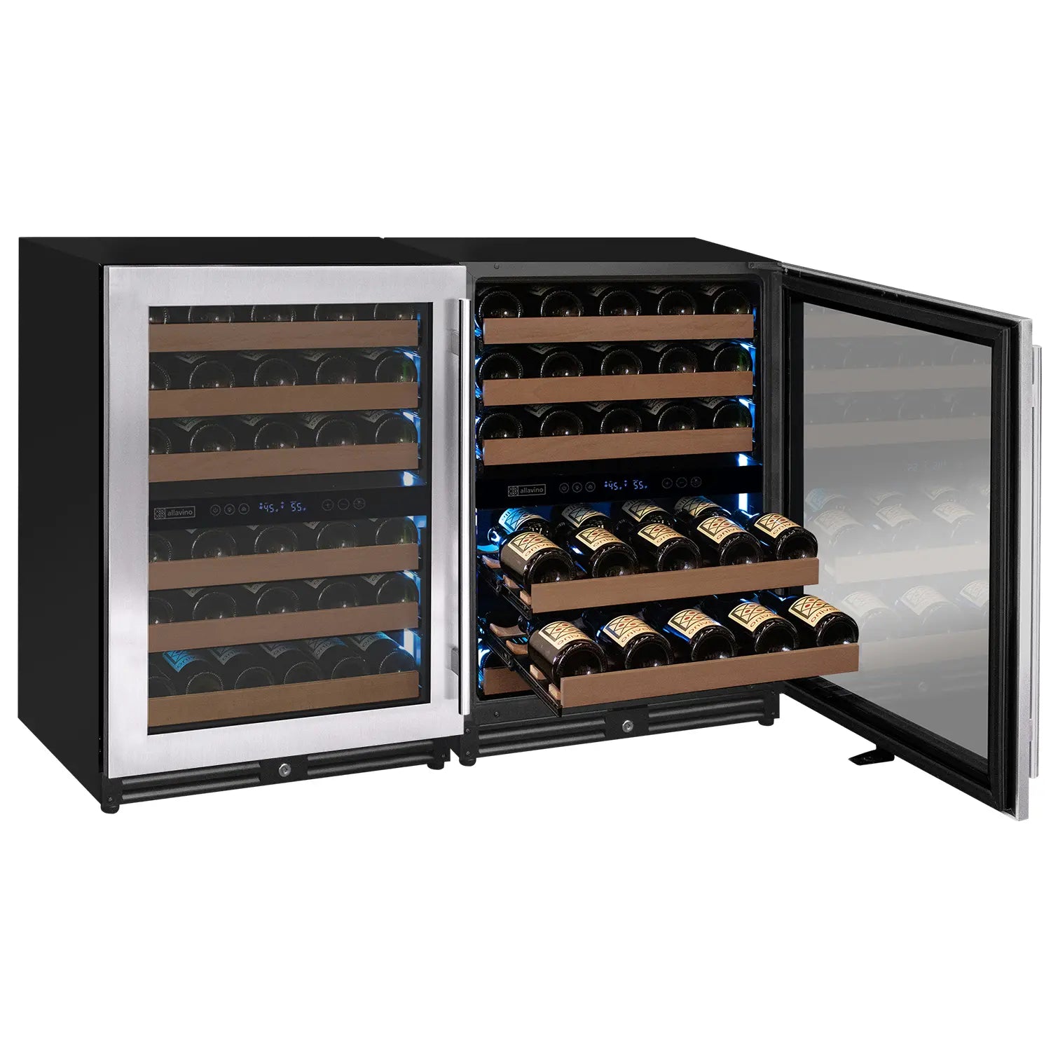Allavino Reserva Series 112 Bottle Four Zone Undercounter Wine Refrigerator Cooler with Stainless Steel Doors - Side-by-Side