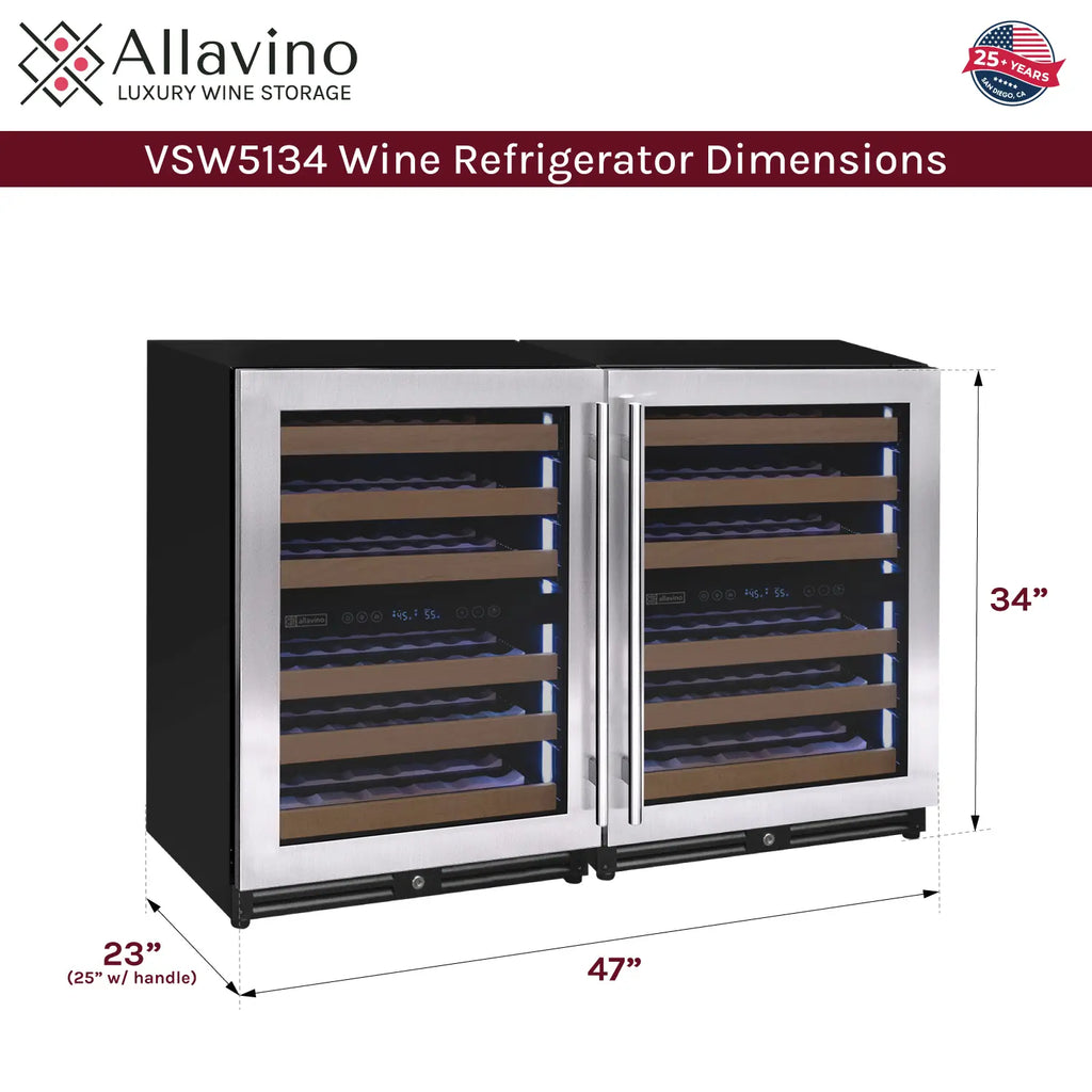 Allavino Reserva Series 112 Bottle Four Zone Undercounter Wine Refrigerator Cooler with Stainless Steel Doors - Side-by-Side