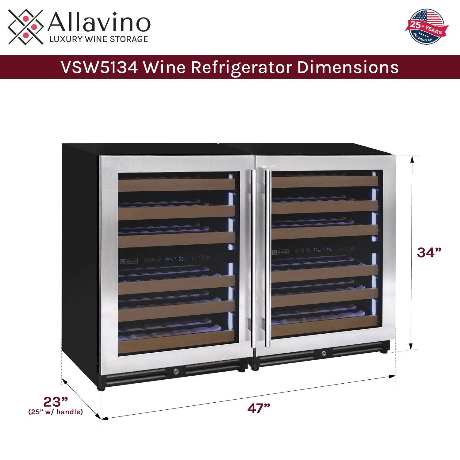 Allavino Reserva Series 112 Bottle Four Zone Undercounter Wine Refrigerator Cooler with Stainless Steel Doors - Side-by-Side