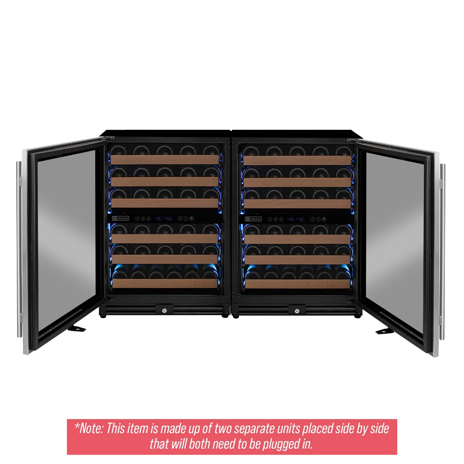 Allavino Reserva Series 112 Bottle Four Zone Undercounter Wine Refrigerator Cooler with Stainless Steel Doors - Side-by-Side