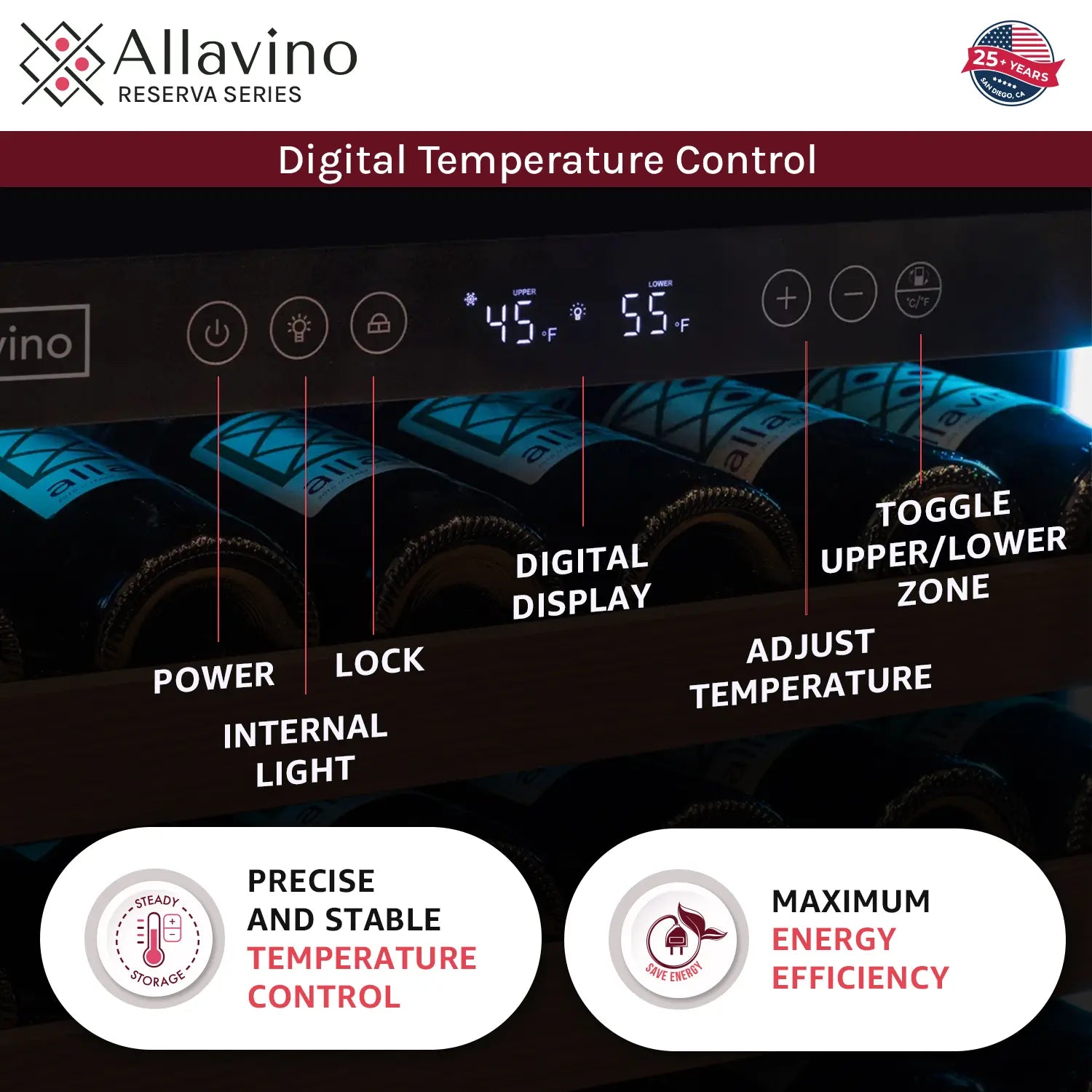 Allavino Reserva Series 112 Bottle Four Zone Undercounter Wine Refrigerator Cooler with Stainless Steel Doors - Side-by-Side