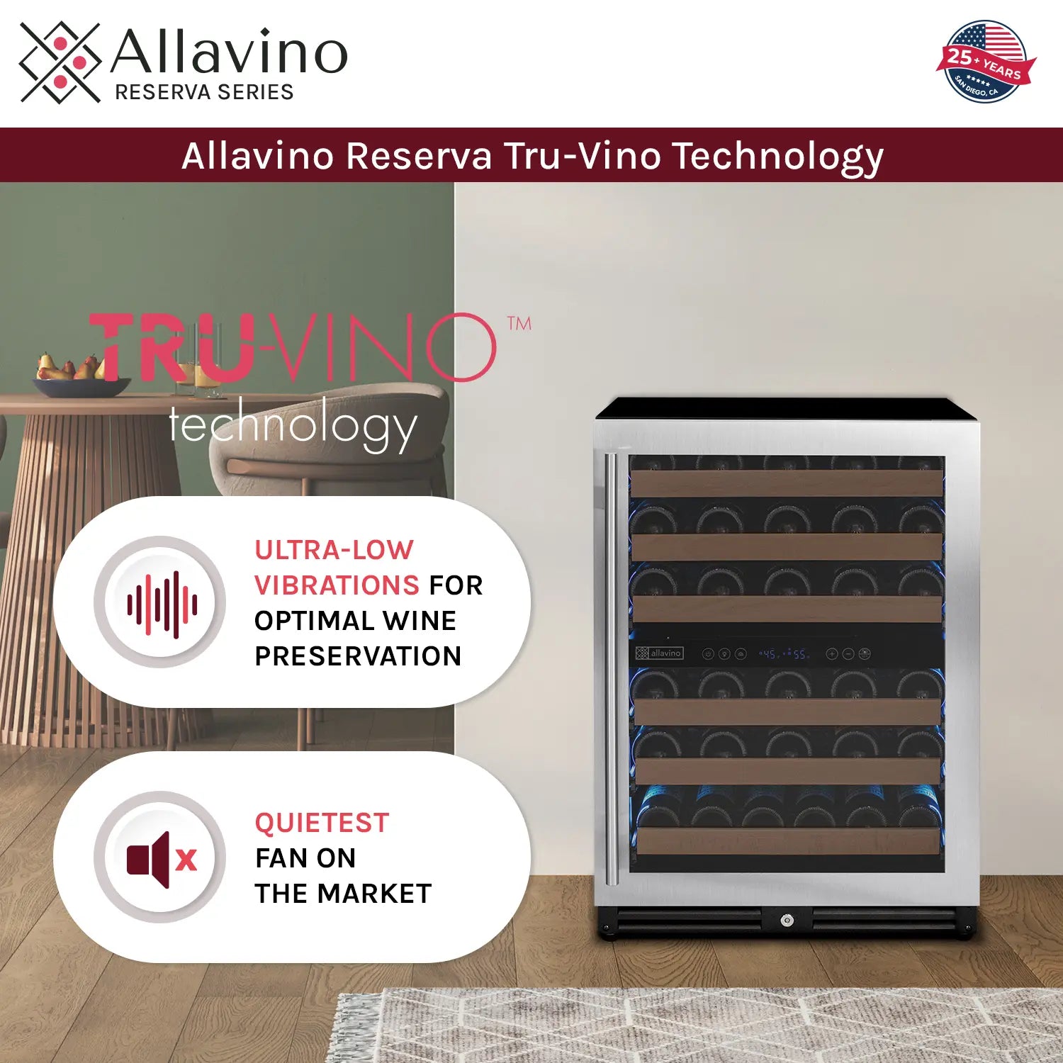 Allavino Reserva Series 112 Bottle Four Zone Undercounter Wine Refrigerator Cooler with Stainless Steel Doors - Side-by-Side