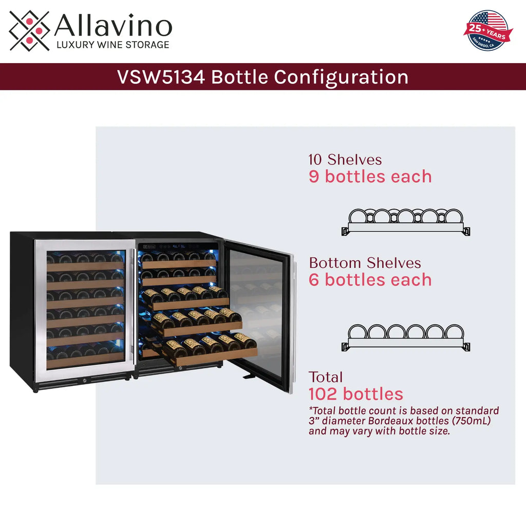 Allavino Reserva Series 112 Bottle Dual Zone Built-in Luxury Wine Refrigerator with Stainless Steel Doors - Side-by-Side