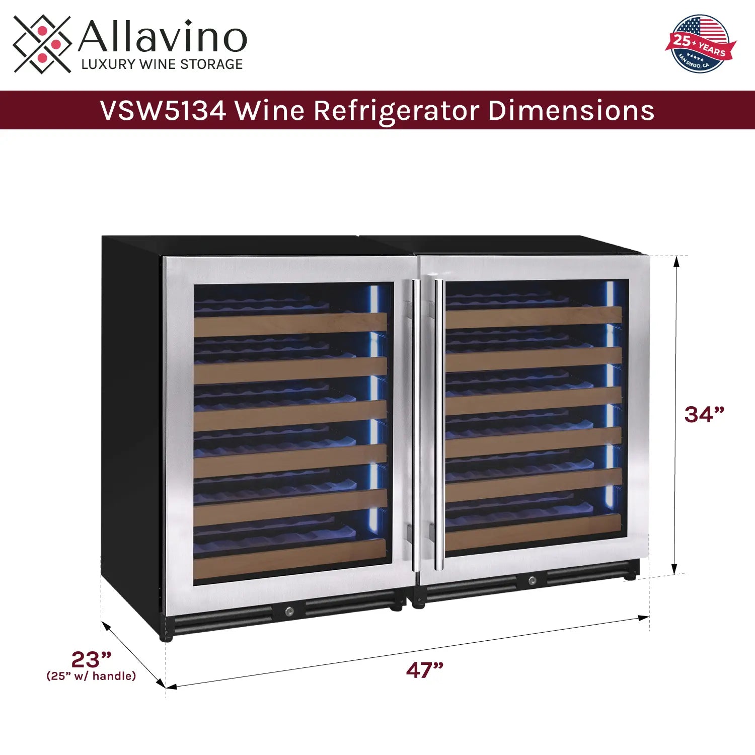 Allavino Reserva Series 112 Bottle Dual Zone Built-in Luxury Wine Refrigerator with Stainless Steel Doors - Side-by-Side