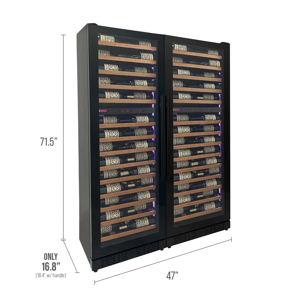 Allavino Reserva Series 134 Bottle 71" Shallow Four Zone Side-by-Side Wine Refrigerators with Black Doors and Wood Front Shelves