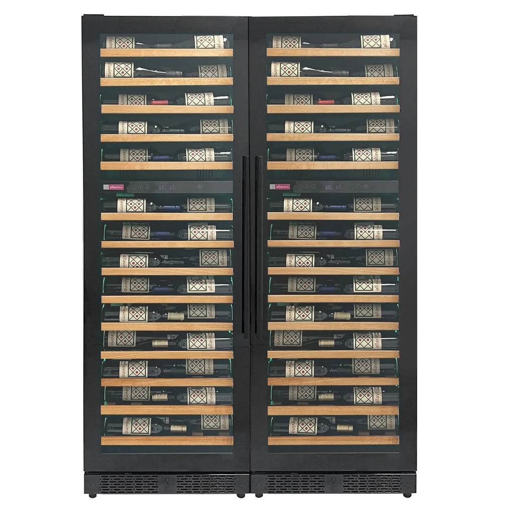 Allavino Reserva Series 134 Bottle 71" Shallow Four Zone Side-by-Side Wine Refrigerators with Black Doors and Wood Front Shelves