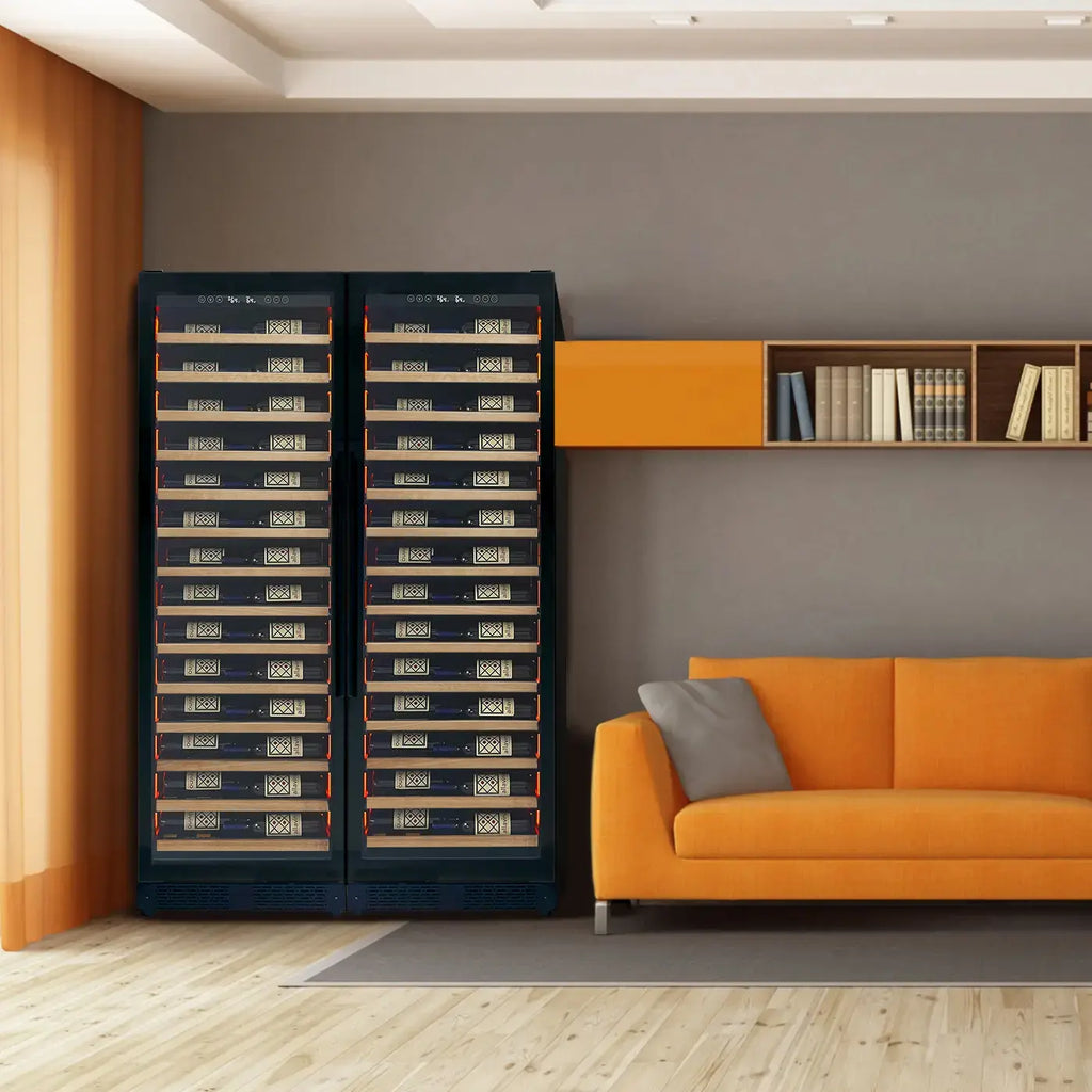 Allavino Reserva Series 134 Bottle 71" Shallow Four Zone Side-by-Side Wine Refrigerators with Black Doors and Wood Front Shelves