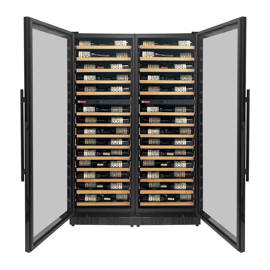 Allavino Reserva Series 134 Bottle 71" Shallow Four Zone Side-by-Side Wine Refrigerators with Black Doors and Wood Front Shelves