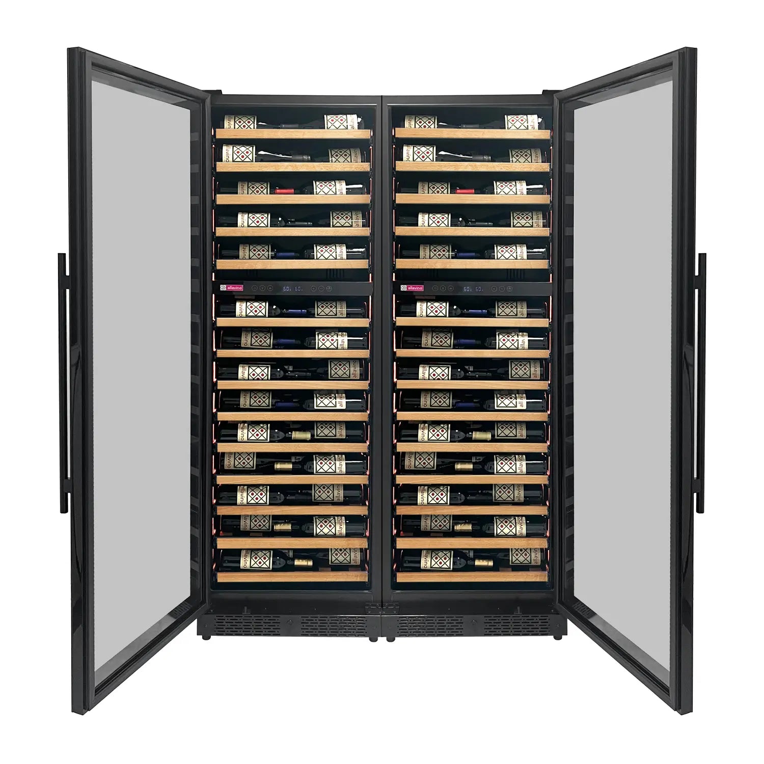 Allavino Reserva Series 134 Bottle 71" Shallow Four Zone Side-by-Side Wine Refrigerators with Black Doors and Wood Front Shelves