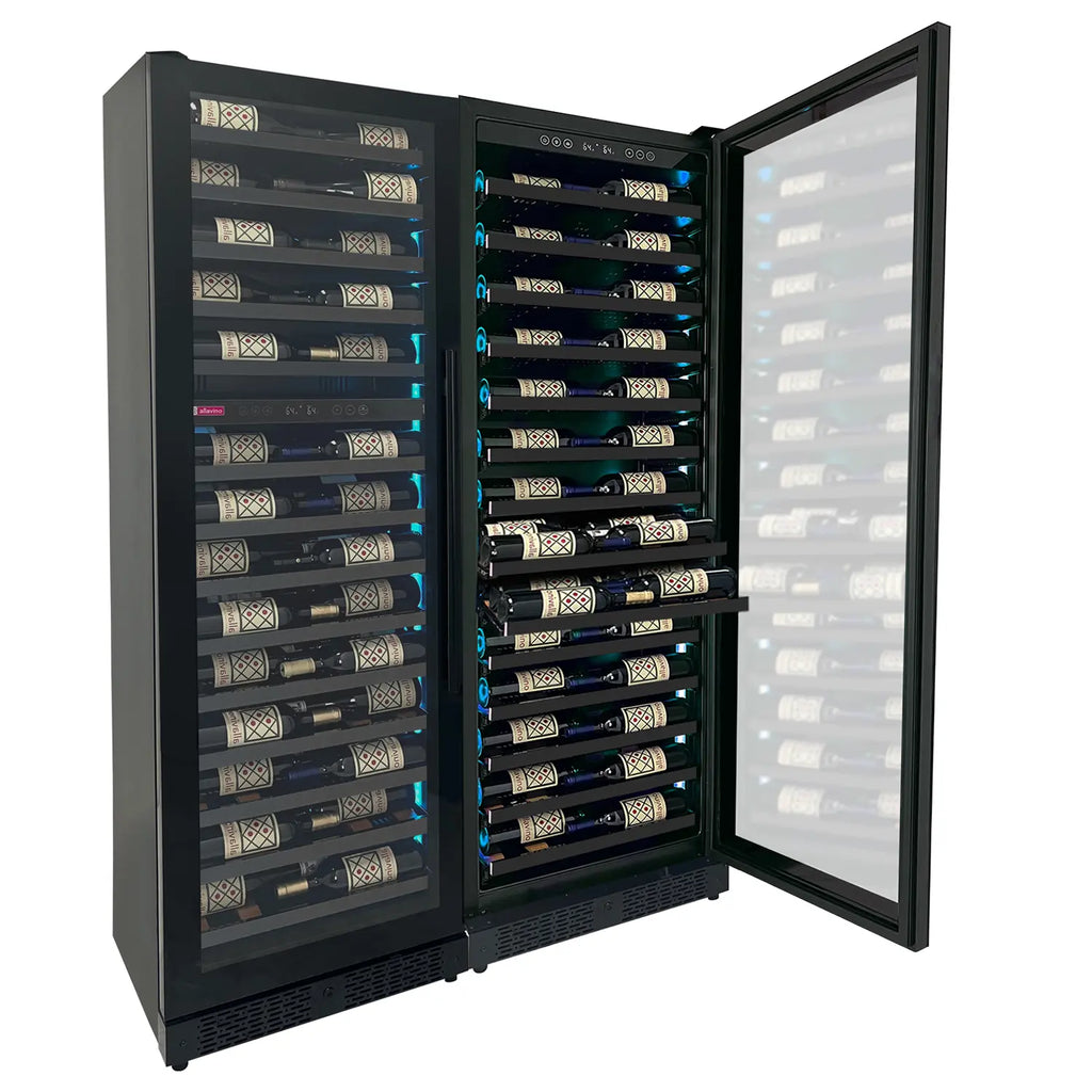 Allavino Reserva Series 134 Bottle Three Zone Tall Shallow Side-by-Side Wine Refrigerators with Black Doors
