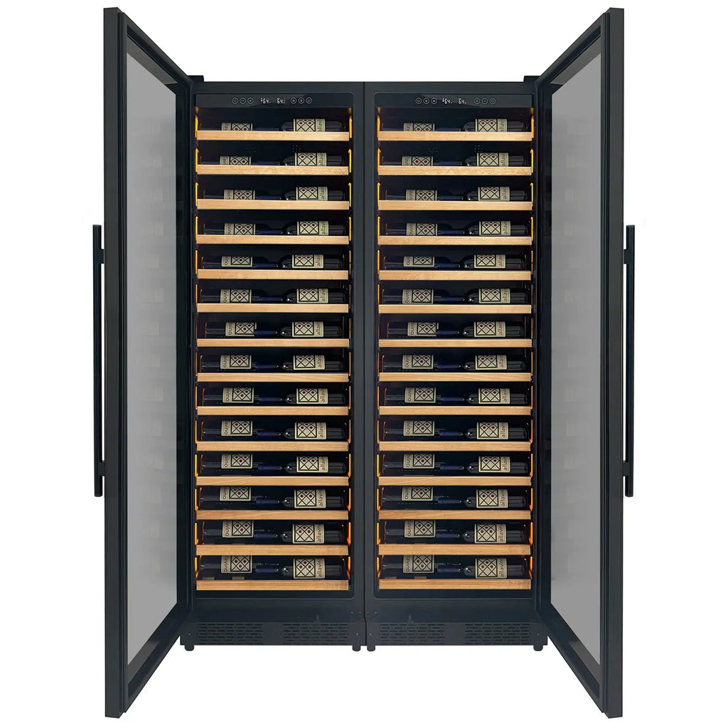 Allavino Reserva Series 134 Bottle Dual Zone Black Side-by-Side Shallow Wine Refrigerator with Wood Front Shelves