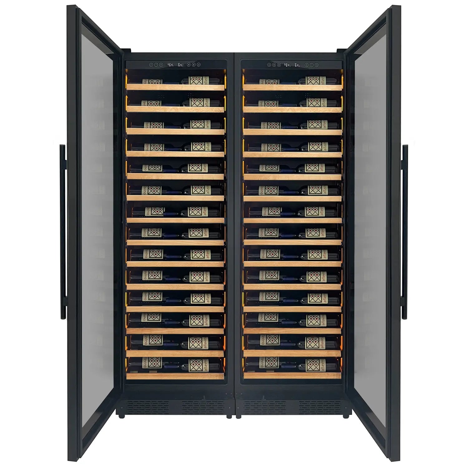 Allavino Reserva Series 134 Bottle Dual Zone Black Side-by-Side Shallow Wine Refrigerator with Wood Front Shelves