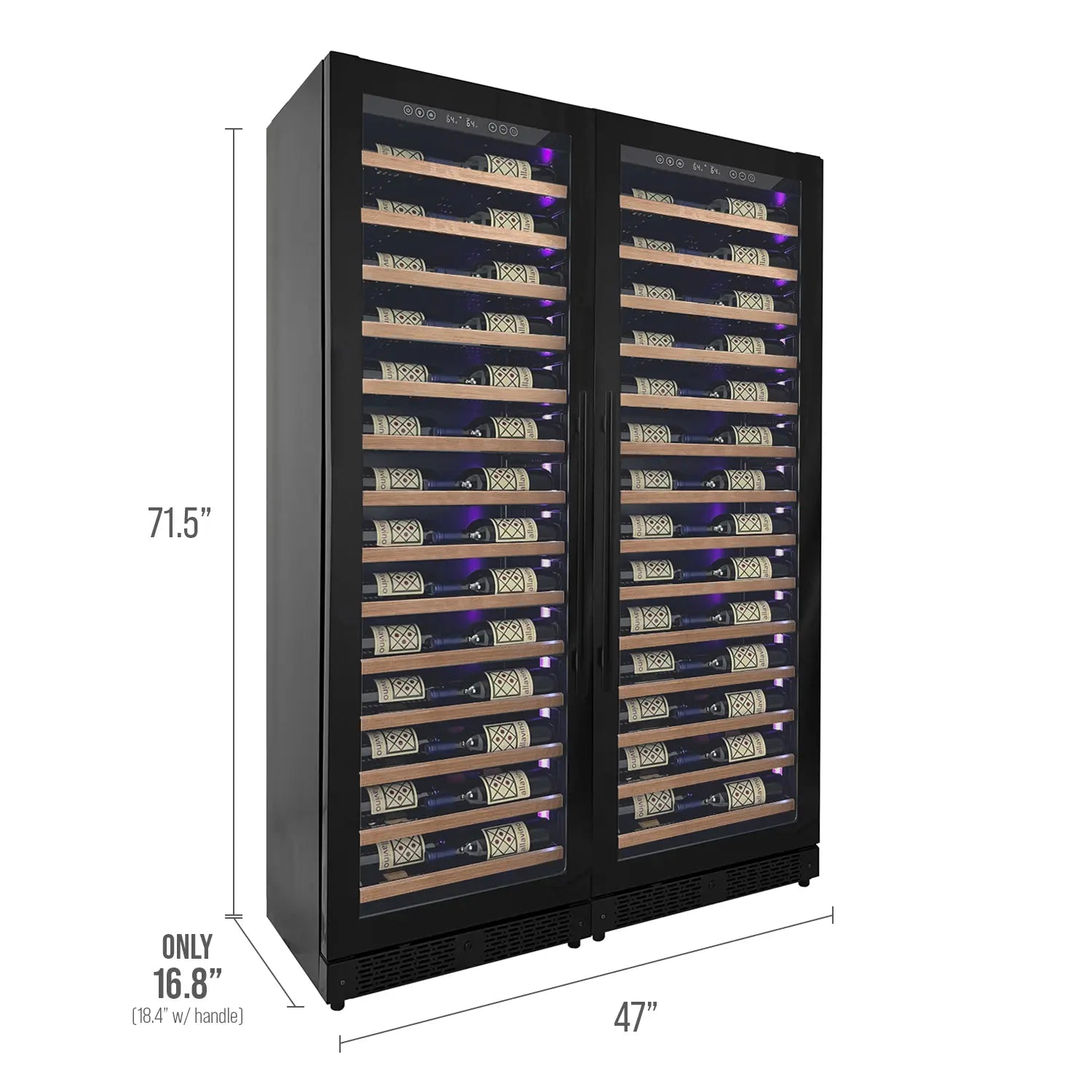 Allavino Reserva Series 134 Bottle Dual Zone Black Side-by-Side Shallow Wine Refrigerator with Wood Front Shelves