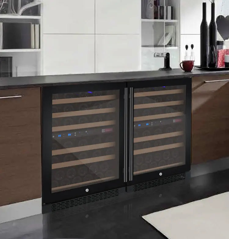 Allavino FlexCount Series 112 Bottle Four Zone Undercounter Side-by-Side Wine Refrigerators with Black Doors