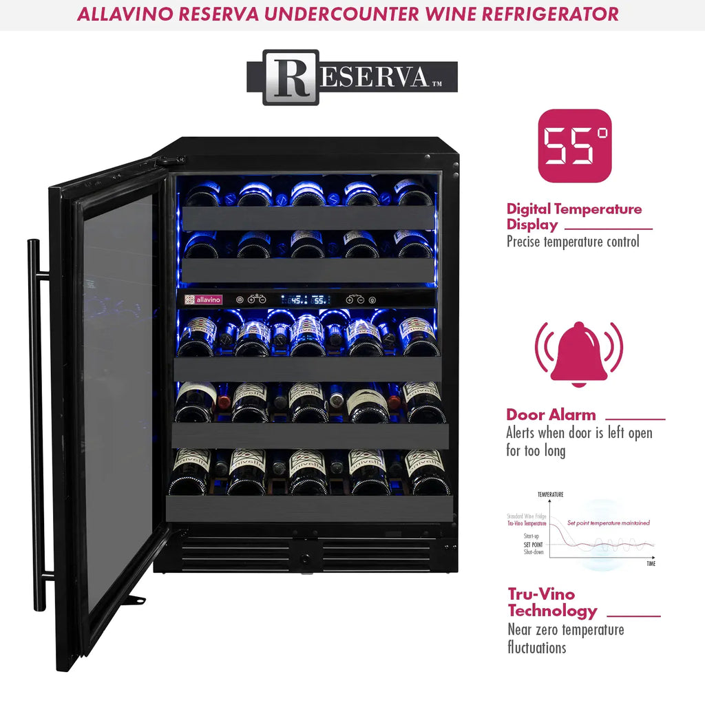 Allavino Reserva Series 50 Bottle Dual Zone Built-in Wine Cooler Refrigerator with Black Stainless Steel Door - Left Hinge
