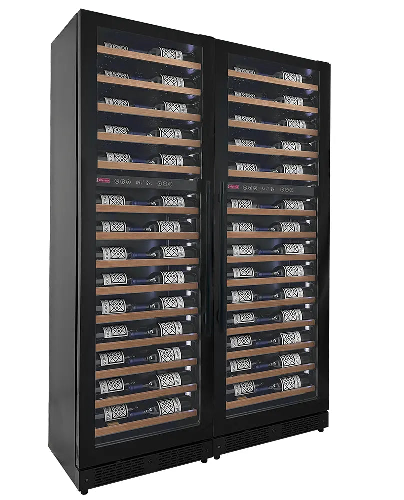 Allavino Reserva Series 134 Bottle 71" Shallow Four Zone Side-by-Side Wine Refrigerators with Black Doors and Wood Front Shelves