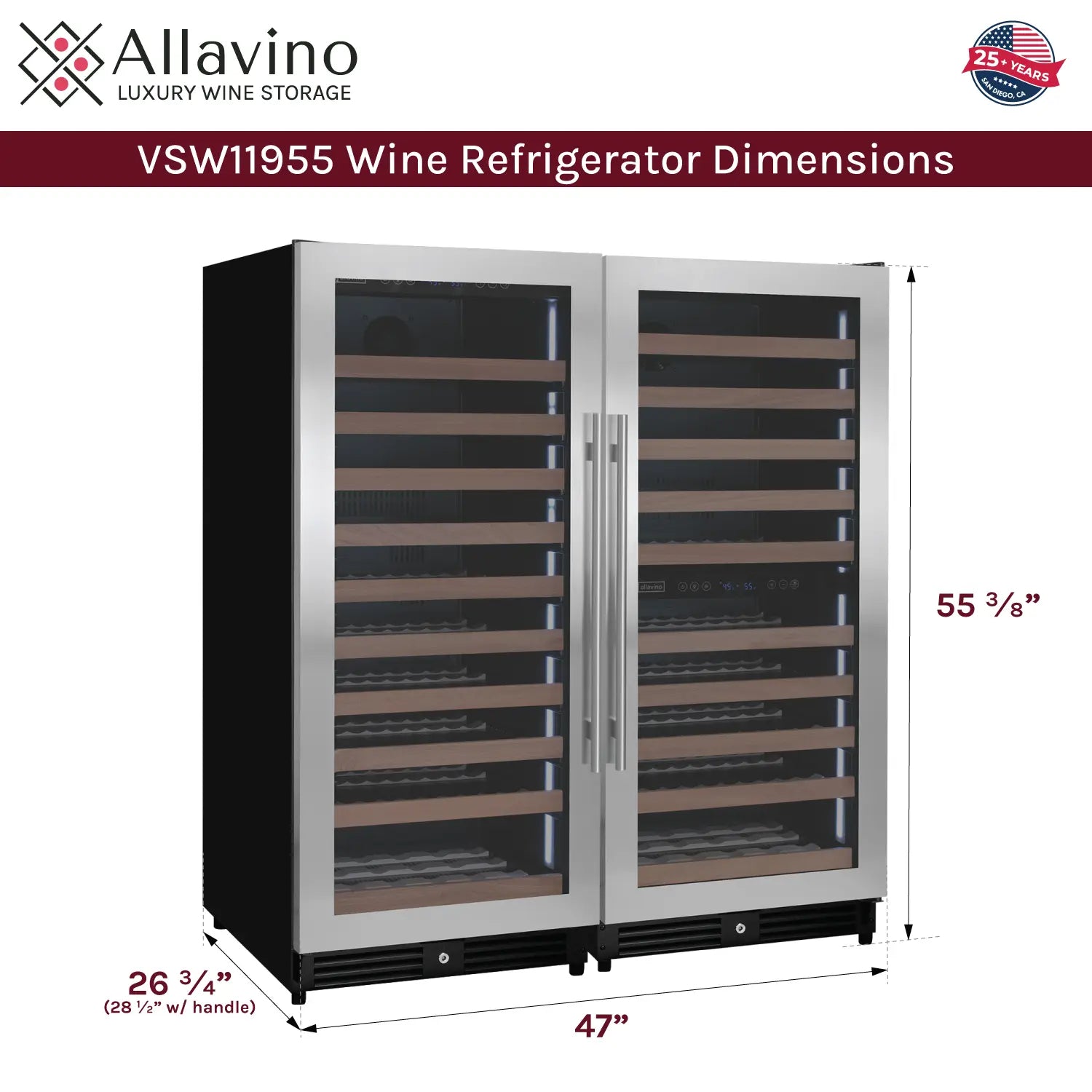 Allavino 238 Bottle 55" Tall Three Zone Side-by-Side Stainless Steel Wine Refrigerator