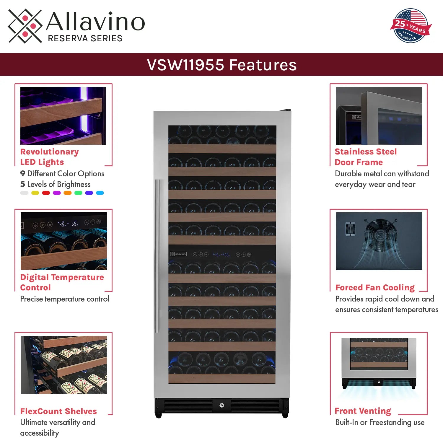 Allavino 238 Bottle 55" Tall Three Zone Side-by-Side Stainless Steel Wine Refrigerator
