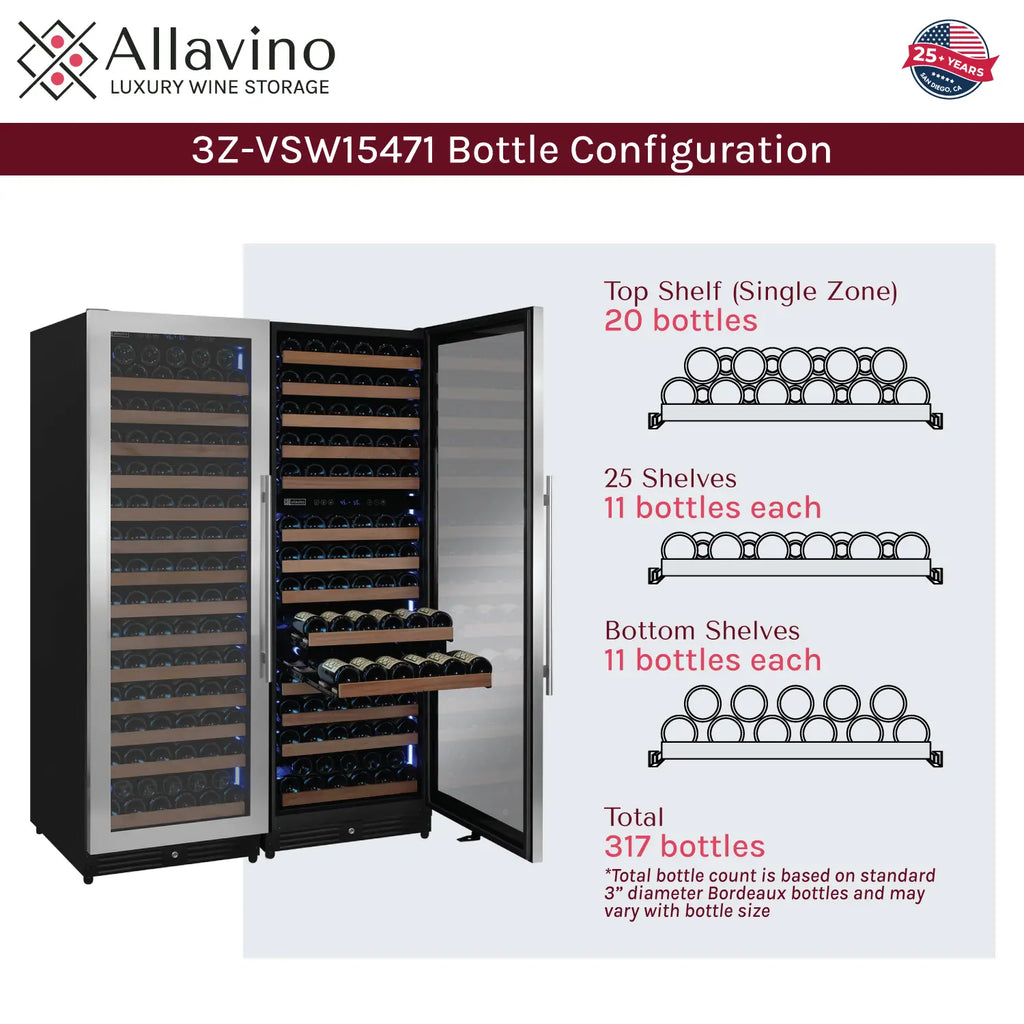Allavino Reserva Series 317 Bottle 71" Tall Three Zone Stainless Steel Side-by-Side Wine Refrigerator