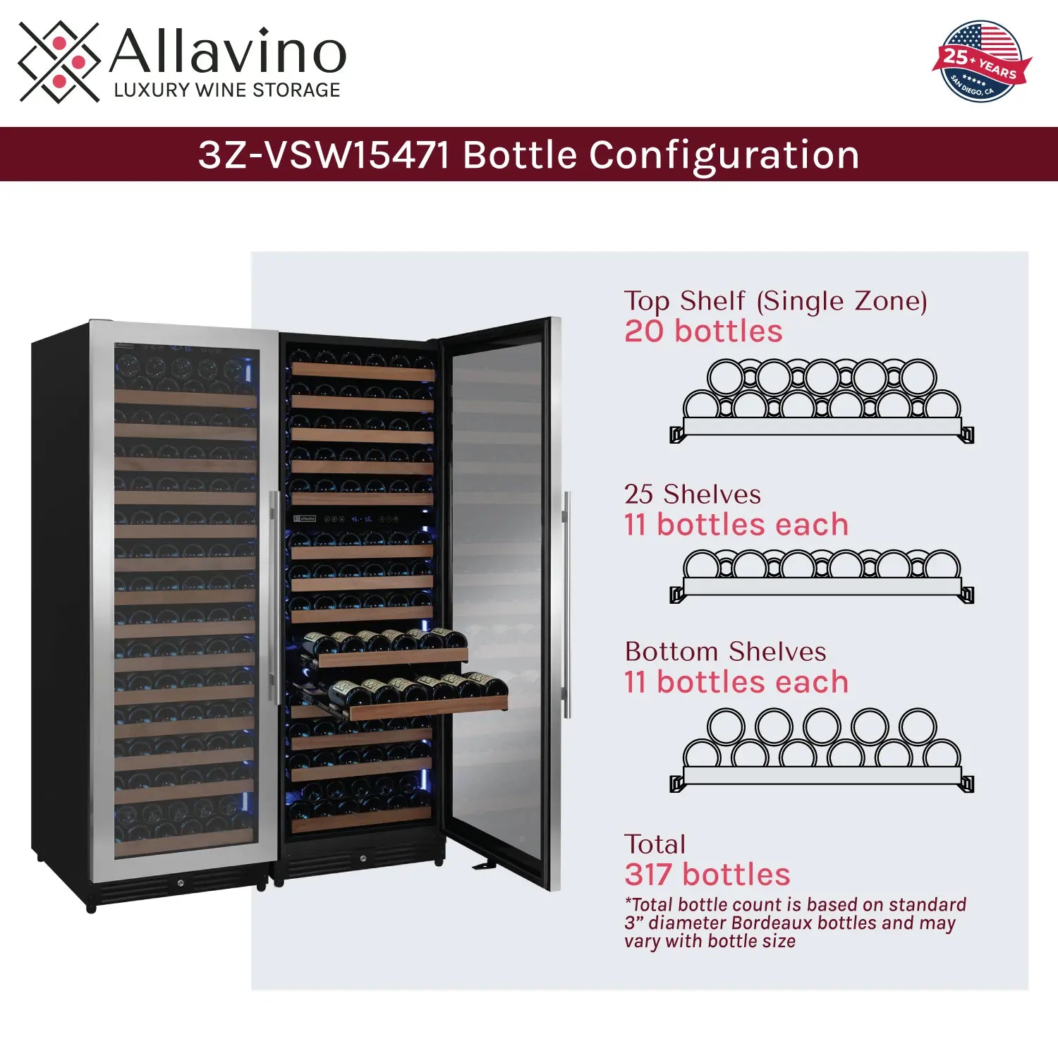 Allavino Reserva Series 317 Bottle 71" Tall Three Zone Stainless Steel Side-by-Side Wine Refrigerator