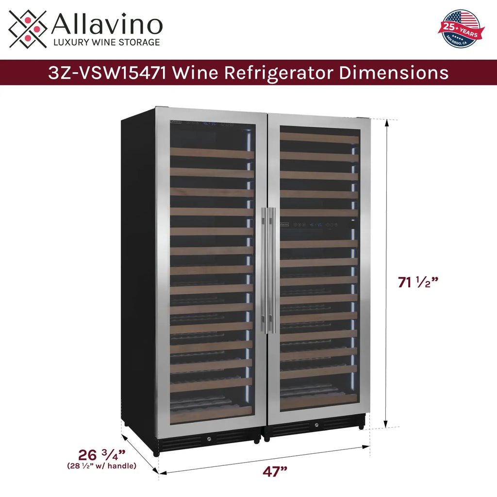 Allavino Reserva Series 317 Bottle 71" Tall Three Zone Stainless Steel Side-by-Side Wine Refrigerator