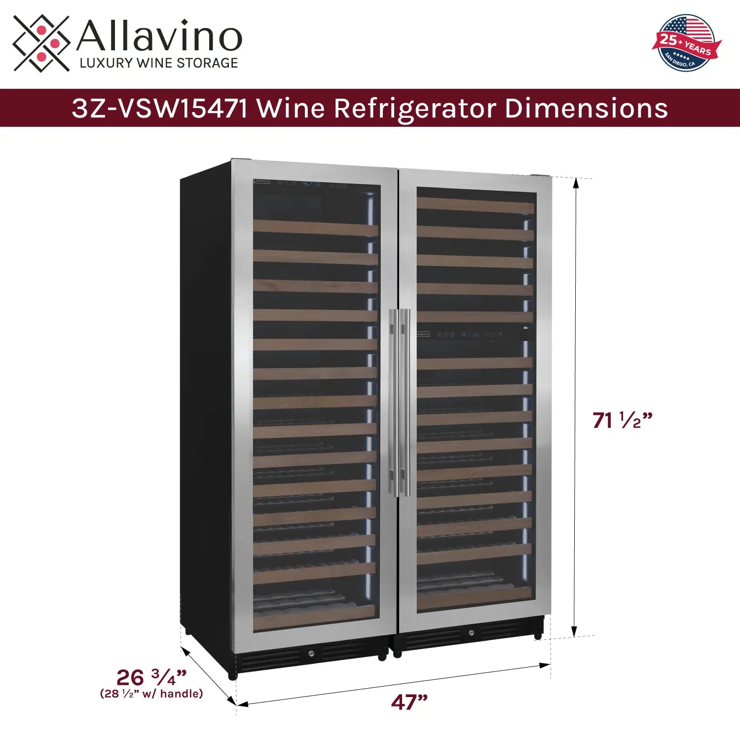 Allavino Reserva Series 317 Bottle 71" Tall Three Zone Stainless Steel Side-by-Side Wine Refrigerator