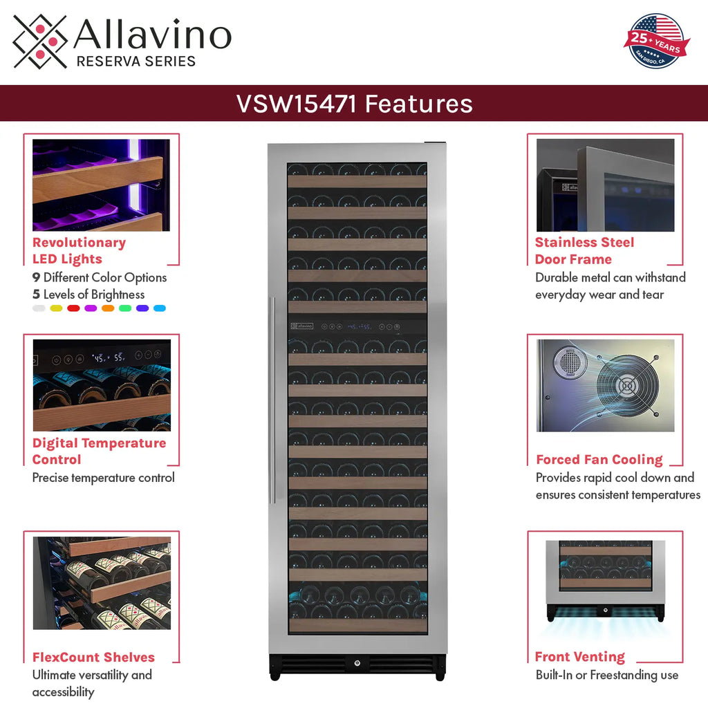 Allavino Reserva Series 317 Bottle 71" Tall Three Zone Stainless Steel Side-by-Side Wine Refrigerator