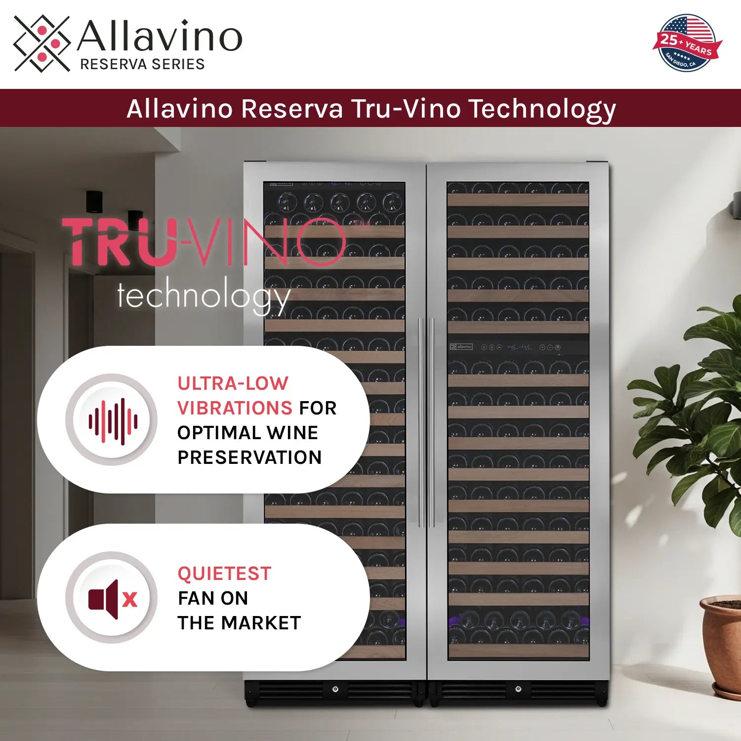 Allavino Reserva Series 317 Bottle 71" Tall Three Zone Stainless Steel Side-by-Side Wine Refrigerator