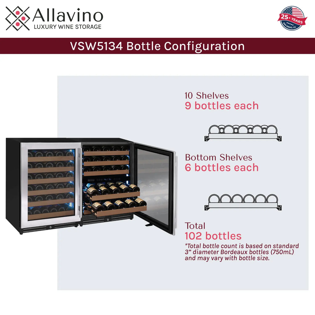Allavino Reserva Series 112 Bottle Three Zone Undercounter Wine Refrigerator Cooler with Stainless Steel Doors - Side-by-Side